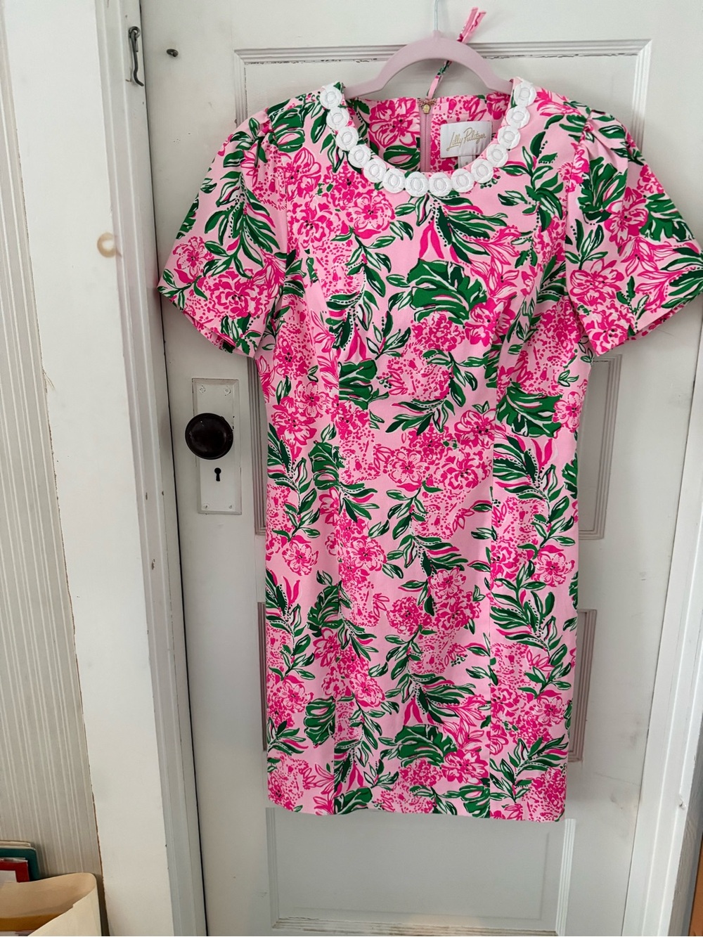 Lilly Pulitzer Pink & Green Floral Shift Dress with White Trim